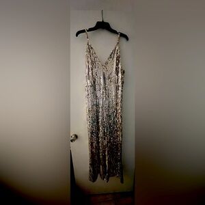 Fashion Nova, size 2xLong sequined silver on beige.